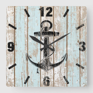 Nautical Anchor Stripes Wood Square Wall Clock