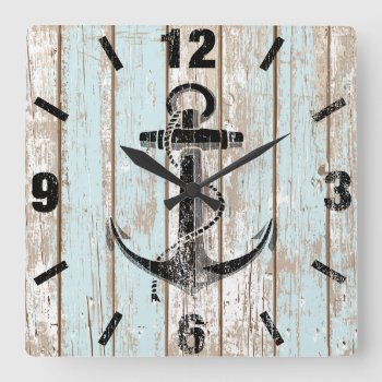 Nautical Anchor Stripes Wood Square Wall Clock by WatchMinion at Zazzle