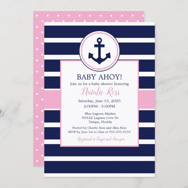 Nautical Anchor Summer Ahoy! Girl Baby Shower Invitation (Front/Back)