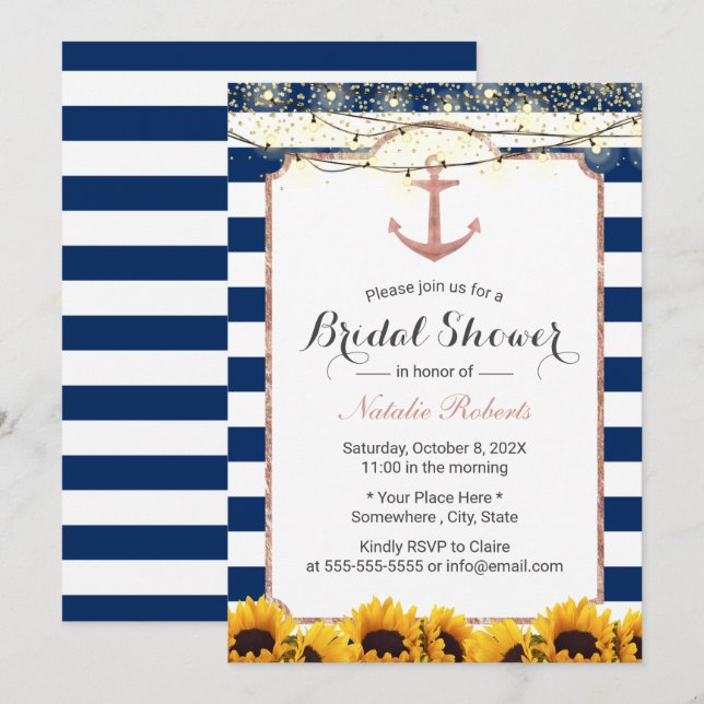 Nautical Anchor Sunflower Navy Blue Bridal Shower Invitation (Front/Back)