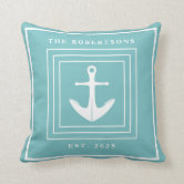 Nautical Anchor Seafoam Stripe Family Monogram Accent Pillow