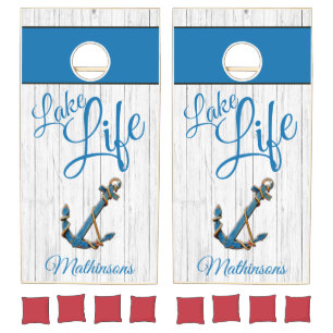 Nautical Anchor Teal Blue Lake Life Monogram Cornhole Set