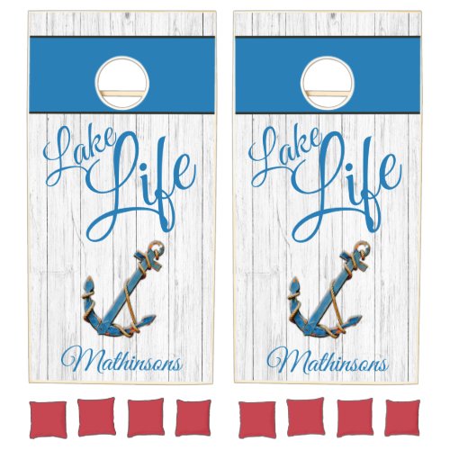 Nautical Anchor Teal Blue Lake Life Monogram Cornhole Set