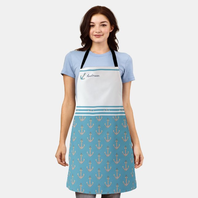 Nautical anchor teal blue white gray monogram name apron (Worn)