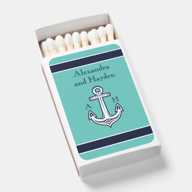 Nautical Anchor Teal Navy Blue White Wedding Matchboxes (Front Open)