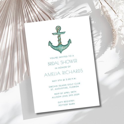 Nautical Anchor Teal Stripe Bridal Shower Invite