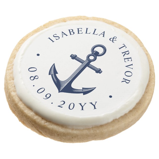 Nautical Anchor Themed Wedding Round Shortbread Cookie (Angled)
