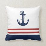 Nautical Anchor Throw Pillow<br><div class="desc">Navy blue anchor with red and white nautical stripes.</div>