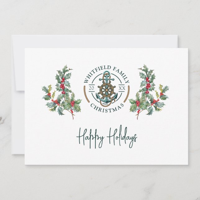Nautical Anchor Tropical Christmas Family Holiday Card (Front)