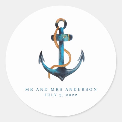 Nautical Anchor Turquoise Beach Wedding Favor Classic Round Sticker
