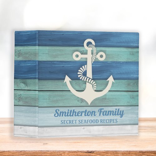 Nautical Anchor Turquoise Blue Wood Family Recipes 3 Ring Binder