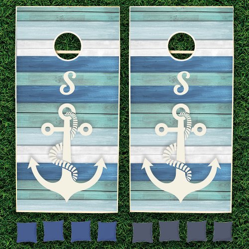 Nautical Anchor Turquoise Blue Wood Monogram Cornhole Set