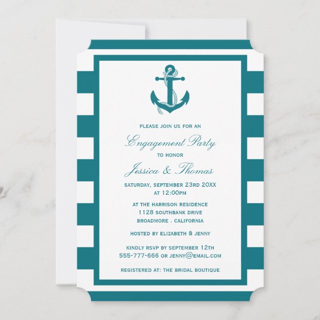 Nautical Anchor Turquoise Stripe Engagement Party Invitation (Front)