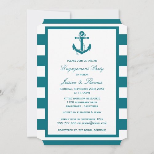 Nautical Anchor Turquoise Stripe Engagement Party Invitation