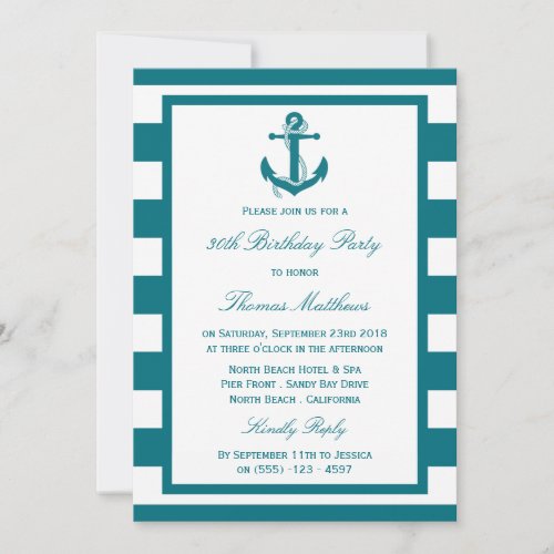 Nautical Anchor Turquoise Stripes Beach Birthday Invitation