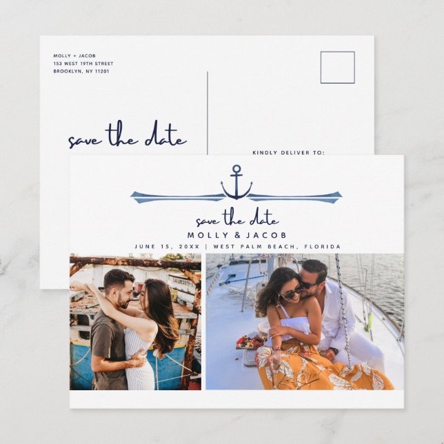 Nautical Anchor Two Photo Wedding Save the Date  Announcement Postcard (Front/Back)