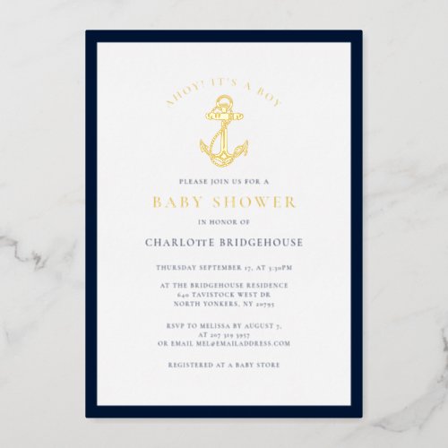 Nautical Anchor Typography Boy Baby Shower Gold Foil Invitation