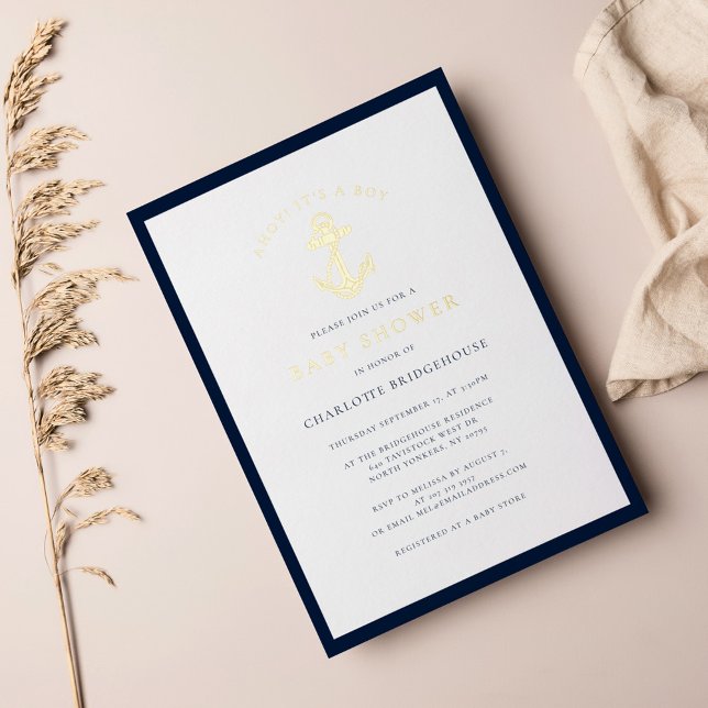 Nautical Anchor Typography Boy Baby Shower Gold Foil Invitation (Nautical Anchor Baby Shower Gold Foil Invitation)