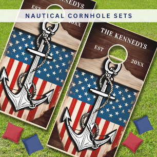 Nautical Anchor USA Flag Family Name Brown Wood Cornhole Set