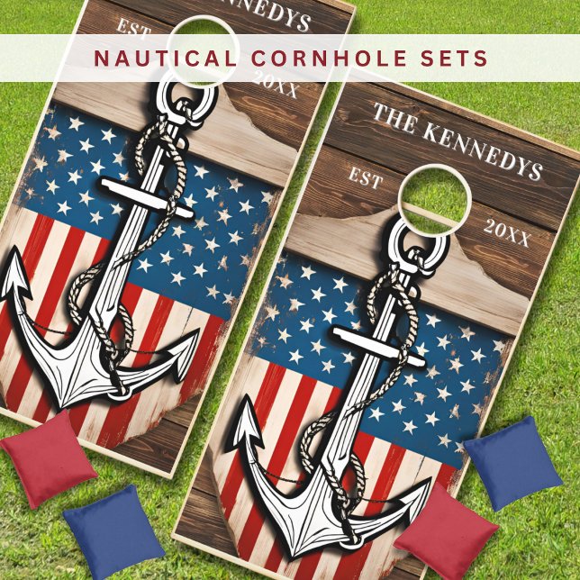 Nautical Anchor USA Flag Family Name Rustic Wood Cornhole Set (Nautical Anchor USA Flag Family Name Rustic Wood Cornhole Set
)