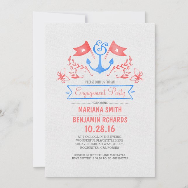 Nautical anchor vintage beach engagement party invitation (Front)