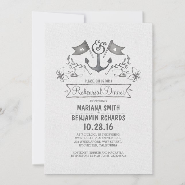 Nautical anchor vintage beach rehearsal dinner invitation (Front)