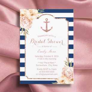 Nautical Anchor Vintage Floral Navy Bridal Shower Invitation