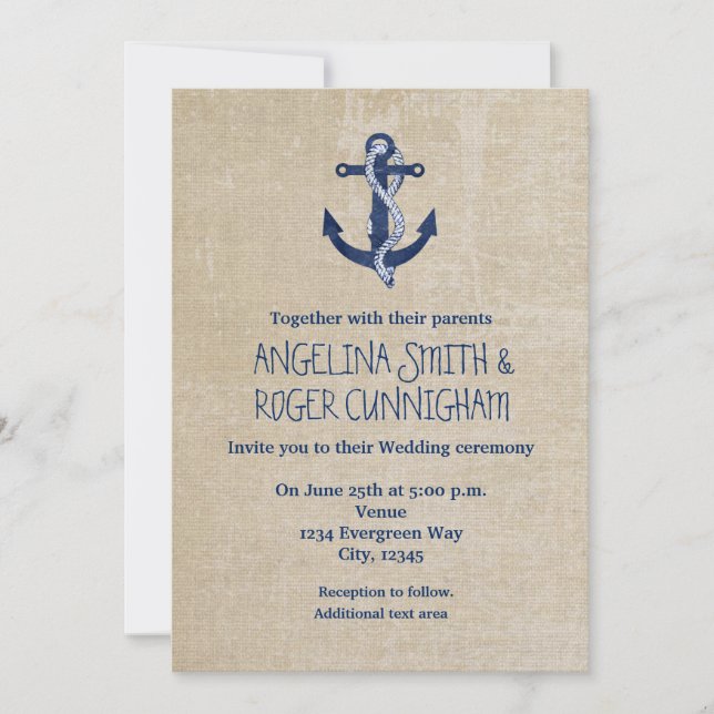 Nautical Anchor Vintage Navy Wedding Invitation (Front)