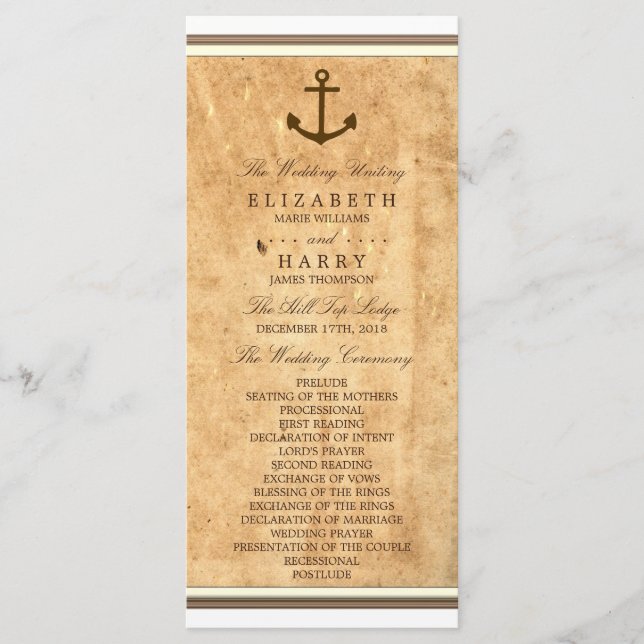 Nautical Anchor Vintage Paper Wedding Program (Front)
