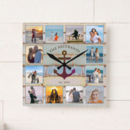 Nautical Anchor Vintage Wood 12-photo Collage Square Wall Clock