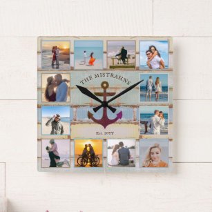 Nautical Anchor Vintage Wood 12-photo Collage Square Wall Clock