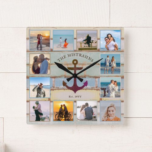 Nautical Anchor Vintage Wood 12_photo Collage Square Wall Clock