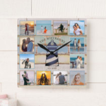 Nautical Anchor Vintage Wood 12-photo Collage Square Wall Clock