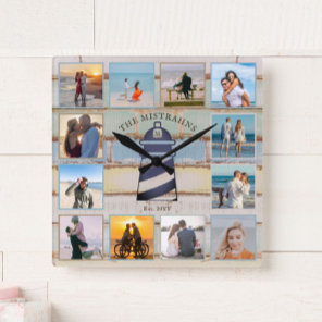 Nautical Anchor Vintage Wood 12-photo Collage Square Wall Clock