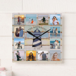 Nautical Anchor Vintage Wood 12-photo Collage Square Wall Clock