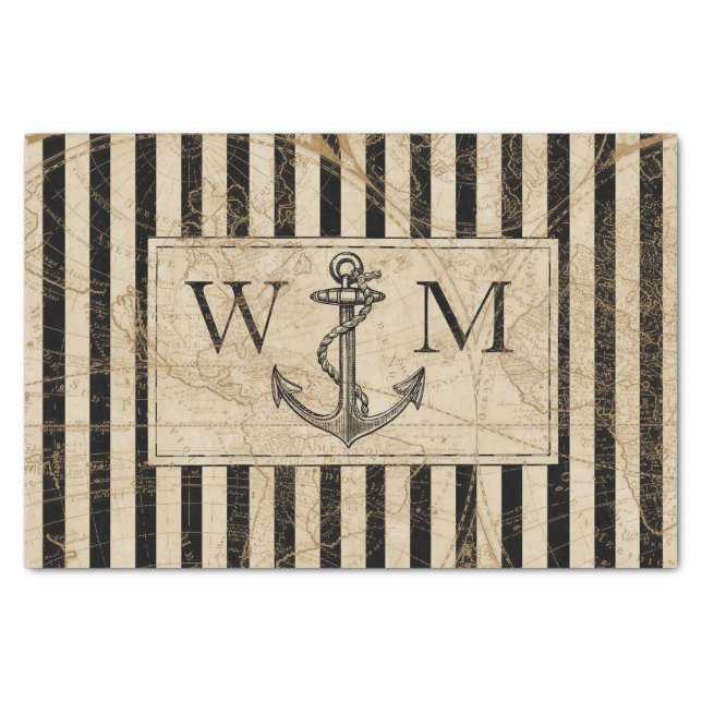 Nautical Anchor Vintage World Map Monogram Tissue Paper (Front)