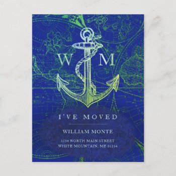 Nautical Anchor Vintage World Map Moving Announcement Postcard by ilovedigis at Zazzle