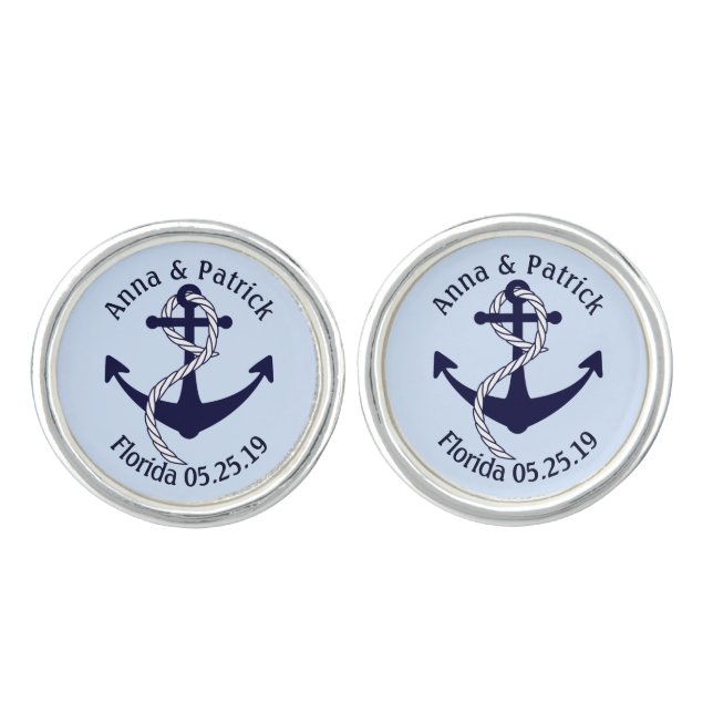 Nautical Anchor W/Rope Personalized Groom's Gift Cufflinks (Front)