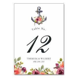 Nautical Anchor Watercolor Floral Knot Table Number