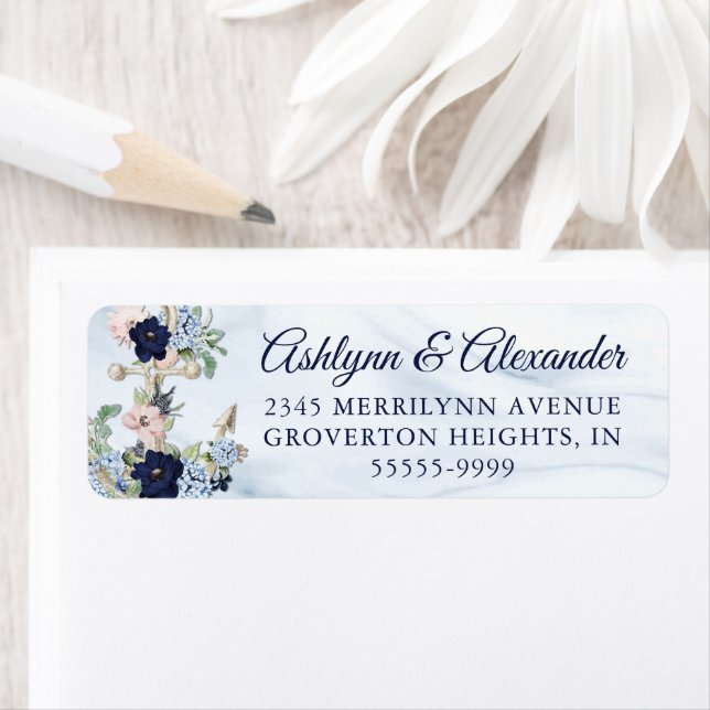 Nautical Anchor Watercolor Floral Navy Wedding Label (Insitu)