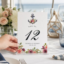 Nautical Anchor Watercolor Floral Wedding Table Number