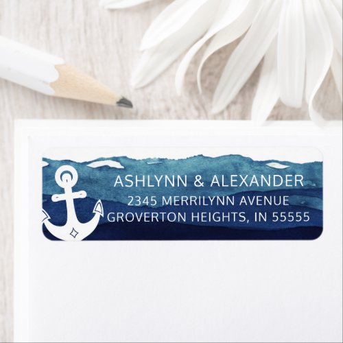 Nautical Anchor Watercolor Navy Blue Waves Label