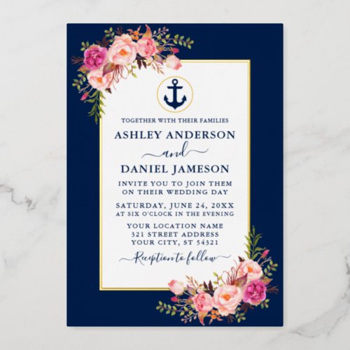 Nautical Anchor Watercolor Pink Floral Blue Gold Foil Invitation