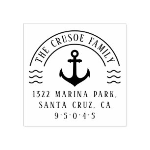 Nautical Anchor & Waves Family Return Address Rubber Stamp