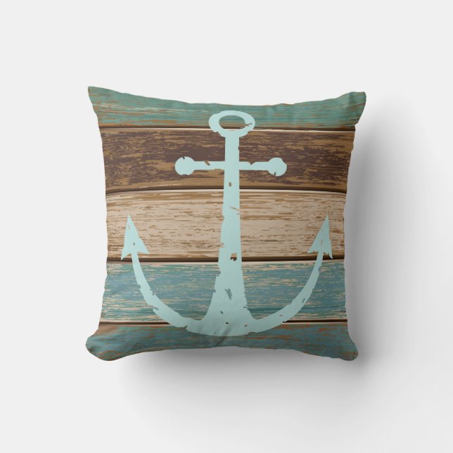 Nautical Anchor Weathered Wood Coastal Themed Throw Pillow (Front)