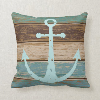 Nautical Anchor Weathered Wood Coastal Themed Throw Pillow