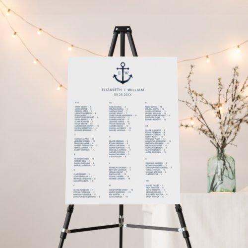 Nautical Anchor Wedding Alphabetic Seating Chart Foam Board