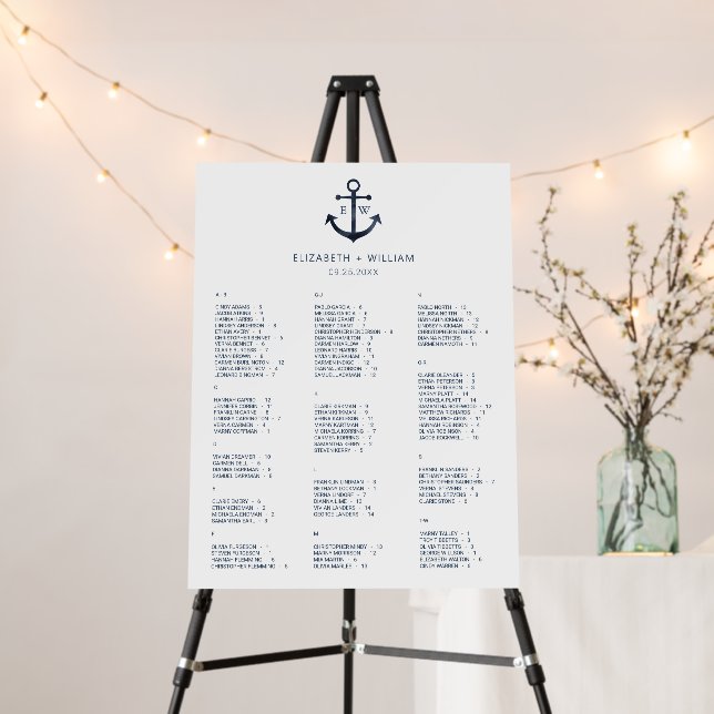 Nautical Anchor Wedding Alphabetic Seating Chart Foam Board (In Situ (Stand))