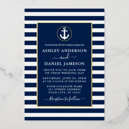 Nautical Anchor Wedding Blue Stripes Gold Foil Invitation