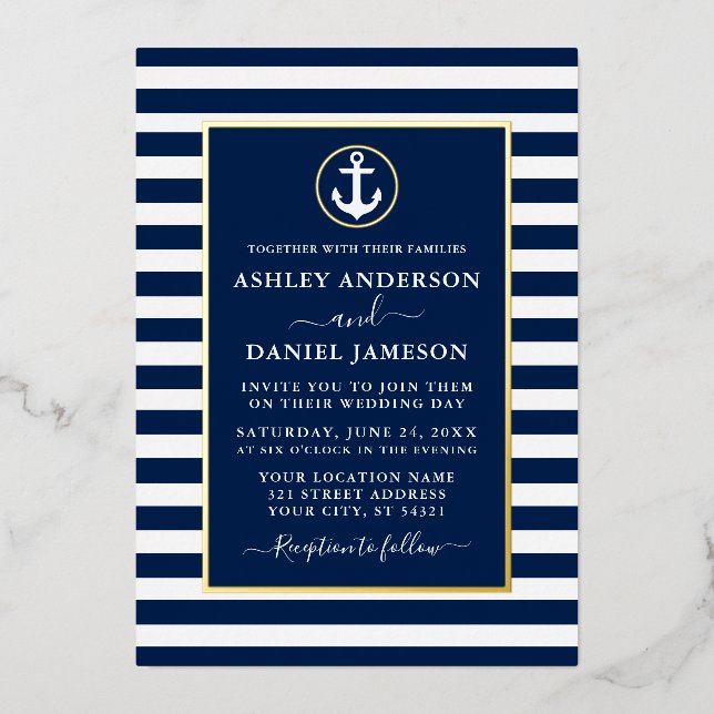 Nautical Anchor Wedding Blue Stripes Gold Foil Invitation (Front)
